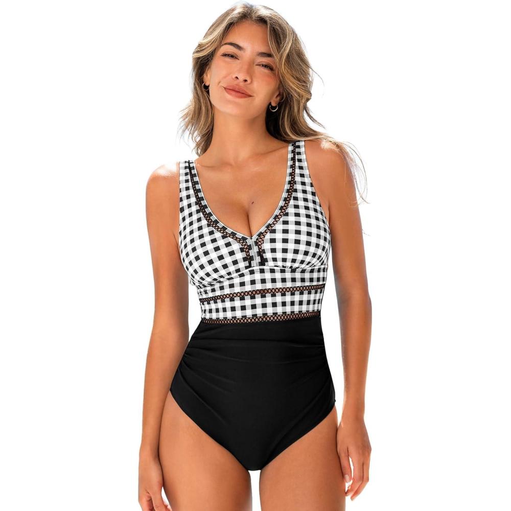 imageCUPSHE Womens One Piece Swimsuit Bathing Suit V Neck Adjustable Straps Ruched Mesh Back HookBlack WhiteGingham