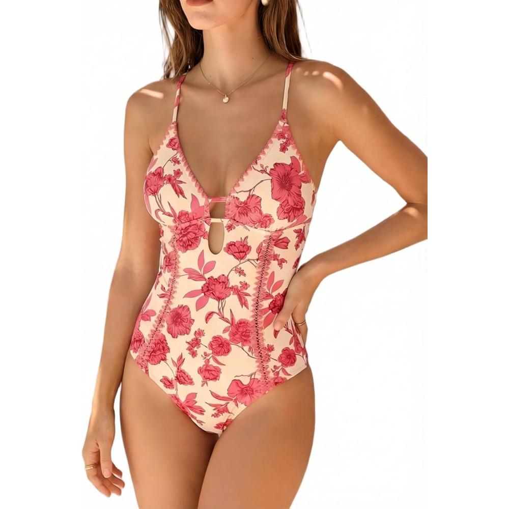 imageCUPSHE Womens One Piece Swimsuit Plunging V Neck Shell Stitch Bathing Suit Self Tie Adjustable Cutouts SwimwearPinkFloral