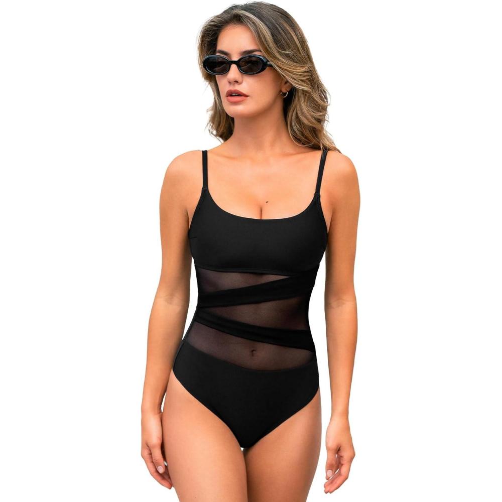 imageCUPSHE Womens One Piece Swimsuit Scoop Neck Adjustable Straps Bathing Suit Mesh Panel HookBlack