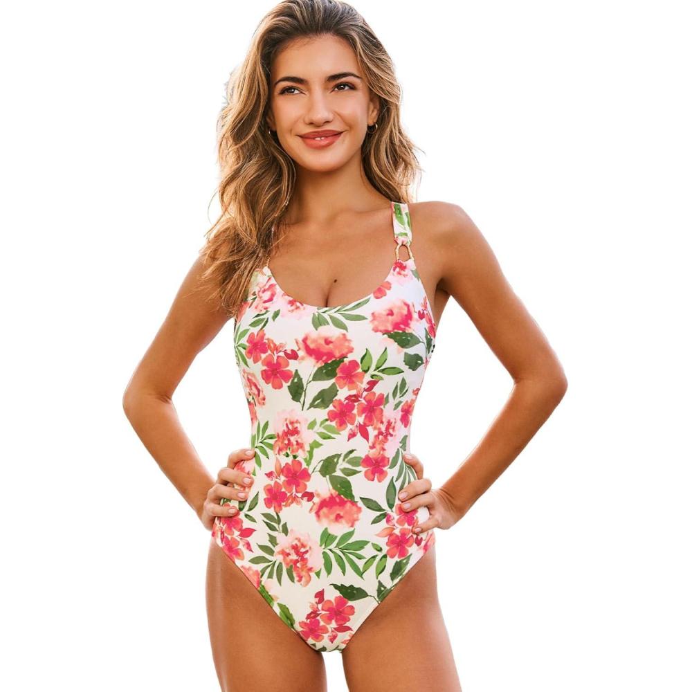 imageCUPSHE Womens One Piece Swimsuit Scoop Neck Cutout Crossback Self Tie O Ring Bathing Suit Wide StrapsBeigeRed Floral