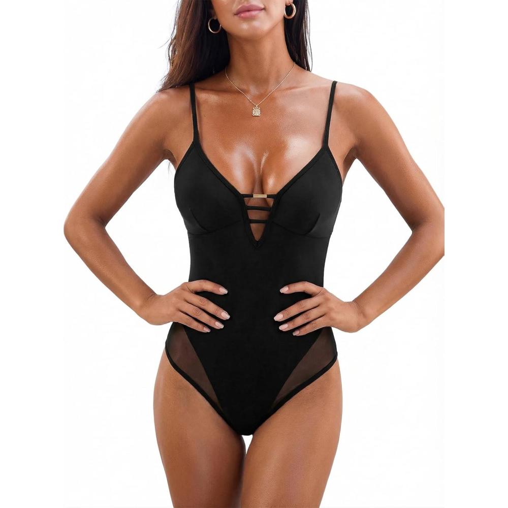 imageCUPSHE Womens One Piece Swimsuit Sexy V Neck Cutout Bathing Suit Mesh Panel Back Hook Adjustable Straps SwimwearBlack