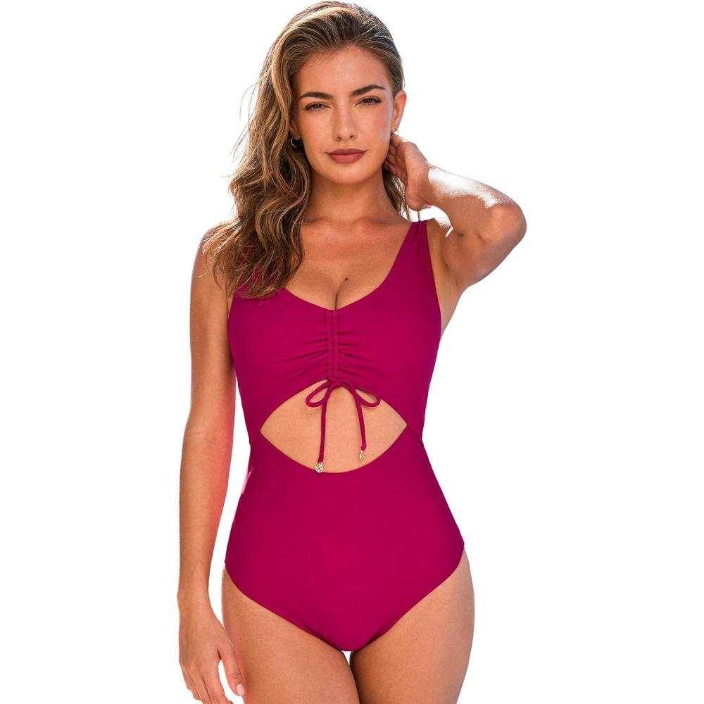 imageCUPSHE Womens One Piece Swimsuit V Neck Bathing Suit Cutout Adjustable Wide Straps Drawstring Back Hook SwimwearCherry Red