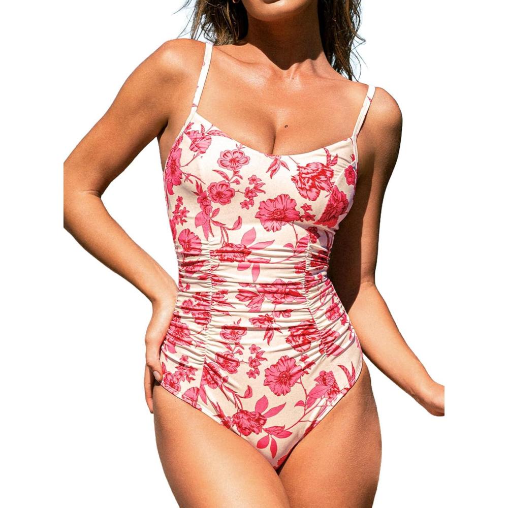 imageCUPSHE Womens One Piece Swimsuit V Neck Tummy Control Bathing Suit Crisscross Back Self Tie Ruched SwimwearWhiteRed Floral