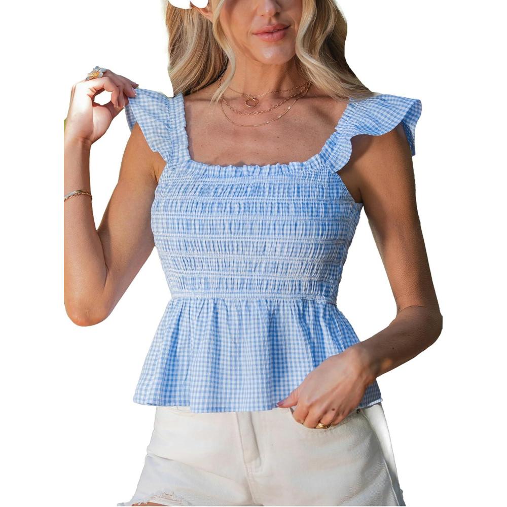 imageCUPSHE Womens Tank Tops Summer Ruffle Flying Sleeve Smocked Blouses Square Neck Sleeveless Babydoll ShirtBlue