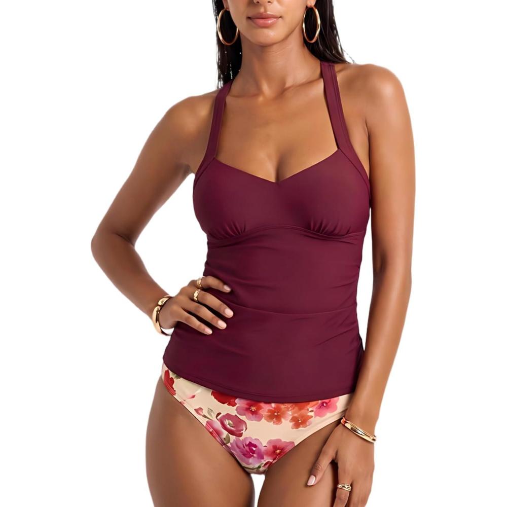 imageCUPSHE Womens Tankini Set V Neck Bathing Suit Crossback Self Tie Mid Rise Ruching SwimsuitCherry RedFloral