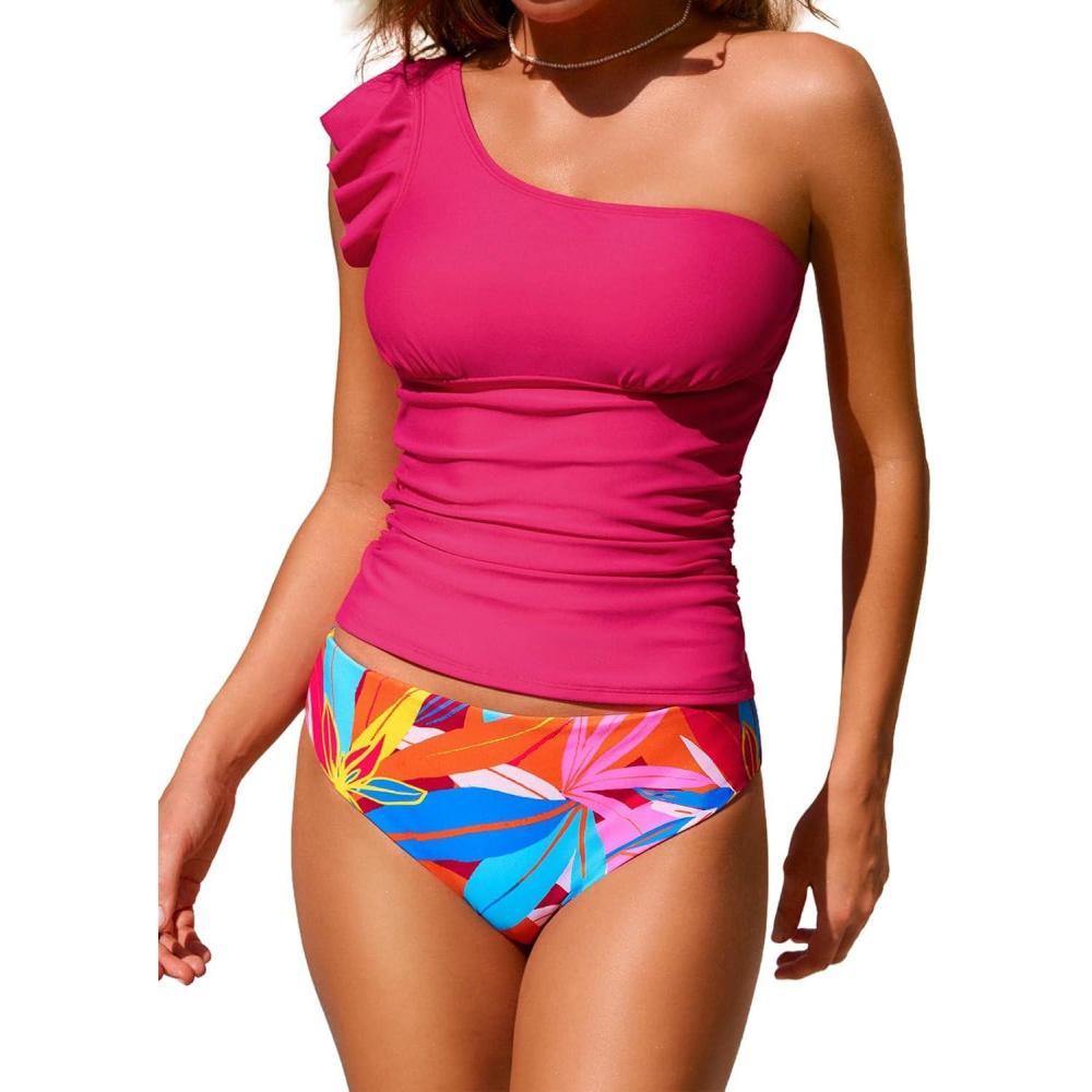 imageCUPSHE Womens Tankini Sets One Shoulder Ruffle Two Piece Swimsuit Reversible Bottoms Removable Straps SwimwearMagentaTropical