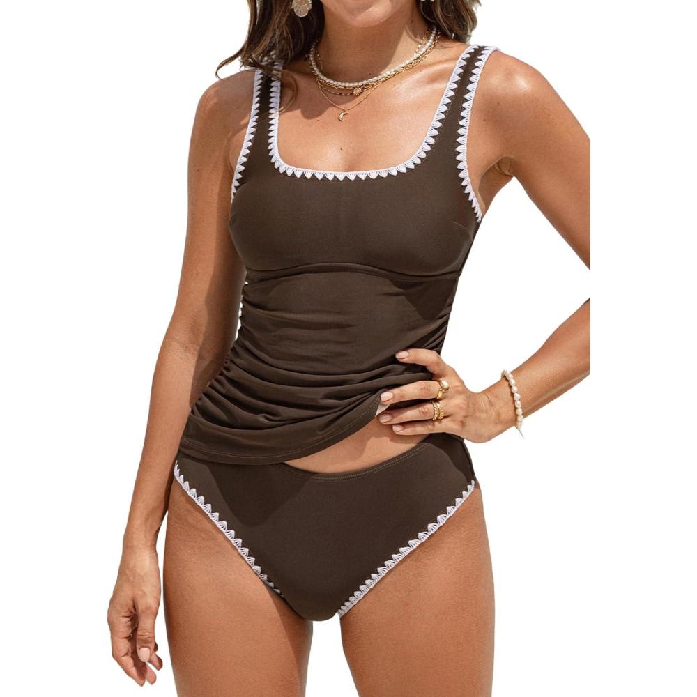 imageCUPSHE Womens Tankini Sets Two Piece Swimsuit Square Neck Stitching Bathing Suit Ruching Adjustable Wide StrapsBrown