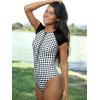 CUPSHE One Piece Swimsuit for Women Mock Neck Zipper Short Sleeve Bathing Suit(Black White Gingham)