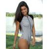CUPSHE One Piece Swimsuit for Women Mock Neck Zipper Short Sleeve Bathing Suit(Black White Gingham)