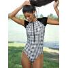 CUPSHE One Piece Swimsuit for Women Mock Neck Zipper Short Sleeve Bathing Suit(Black White Gingham)