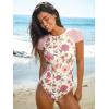 CUPSHE One Piece Swimsuit for Women Mock Neck Zipper Short Sleeve Bathing Suit(Cream/Pink Floral)