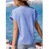 CUPSHE Stripe Shirts for Women Button Down Cap Sleeve Work Tops V Neck Collar Blouses Business Casual Outfits(Blue)