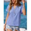 CUPSHE Stripe Shirts for Women Button Down Cap Sleeve Work Tops V Neck Collar Blouses Business Casual Outfits(Blue)
