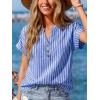 CUPSHE Stripe Shirts for Women Button Down Cap Sleeve Work Tops V Neck Collar Blouses Business Casual Outfits(Blue)
