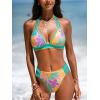 CUPSHE Women’s Bikini Sets Two Piece Swimsuit Halter V Neck Back Hook Cutout Stitching Cheeky Bottom(Mint Blue/Tropical)