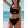 CUPSHE Women’s Bikini Sets Two Piece Swimsuit Square Neck High Waisted Textured Cut Out Adjustable Straps(Black)