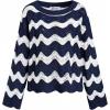 CUPSHE Women’s Crochet Cover Up Long Sleeve Striped Beach Cover Up Top Summer Casual Knit Tops for Swimwear(Top Only)(Blue Stripes)