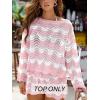 CUPSHE Women’s Crochet Cover Up Long Sleeve Striped Beach Cover Up Top Summer Casual Knit Tops for Swimwear(Top Only)(Pink Stripes)