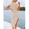 CUPSHE Women’s Crochet Swimsuit Cover Ups Short Sleeve Split Summer Casual Beach Cover Up Dress for Swimwear(Beige)
