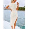 CUPSHE Women’s Crochet Swimsuit Cover Ups Short Sleeve Split Summer Casual Beach Cover Up Dress for Swimwear(White)
