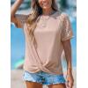 CUPSHE Womens Knit Round Neck Short Lace Sleeve Twist Front Casual Blouse Tee Shirt(Pink)