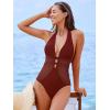 CUPSHE Women’s One Piece Swimsuit Bathing Suit Deep V Neck Halter Back Tie Mesh Swimwear(Burgundy Red)