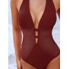 CUPSHE Women’s One Piece Swimsuit Bathing Suit Deep V Neck Halter Back Tie Mesh Swimwear(Burgundy Red)