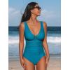 CUPSHE Women’s One Piece Swimsuit Bathing Suit V Neck Adjustable Straps Ruched Mesh Back Hook(Turquoise)