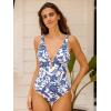 CUPSHE Women’s One Piece Swimsuit Deep V Neck Keyhole Cutout O Ring Textured Bathing Suit(White/Navy Floral)