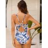 CUPSHE Women’s One Piece Swimsuit Deep V Neck Keyhole Cutout O Ring Textured Bathing Suit(White/Navy Floral)