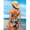 CUPSHE Women’s One Piece Swimsuit Plunging Neck Cutouts Bathing Suit Textured Ruched Crisscross Back Self Tie Swimwear(Black/Leaf)