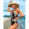 CUPSHE Women’s One Piece Swimsuit Plunging Neck Cutouts Bathing Suit Textured Ruched Crisscross Back Self Tie Swimwear(Black/Leaf)