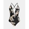 CUPSHE Women’s One Piece Swimsuit Plunging Neck Cutouts Bathing Suit Textured Ruched Crisscross Back Self Tie Swimwear(Black/Leaf)