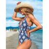 CUPSHE Women’s One Piece Swimsuit Plunging Neck Cutouts Bathing Suit Textured Ruched Crisscross Back Self Tie Swimwear(Navy Blue/Geo)