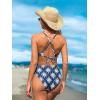 CUPSHE Women’s One Piece Swimsuit Plunging Neck Cutouts Bathing Suit Textured Ruched Crisscross Back Self Tie Swimwear(Navy Blue/Geo)