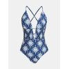 CUPSHE Women’s One Piece Swimsuit Plunging Neck Cutouts Bathing Suit Textured Ruched Crisscross Back Self Tie Swimwear(Navy Blue/Geo)