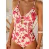 CUPSHE Women’s One Piece Swimsuit Plunging V Neck Shell Stitch Bathing Suit Self Tie Adjustable Cutouts Swimwear(Pink/Floral)