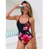 CUPSHE Women’s One Piece Swimsuit Scoop Neck Bathing Suit Back Crisscross Self Tie Swimwear(Black/Floral)