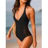 CUPSHE Women’s One Piece Swimsuit Sexy Deep V Neck Bathing Suit Halter Self Tie Mesh Tummy Control Swimwear(Black)