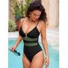 CUPSHE Women’s One Piece Swimsuit Sexy V Neck Bathing Suit Adjustable Straps O Ring Back Hook Color Block(Black/Olive Green)