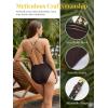 CUPSHE Women’s One Piece Swimsuit V Neck Bathing Suit Adjustable Crisscross Straps Backless Ruching Swimwear(Brown/Yellow Floral)