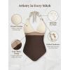CUPSHE Women’s One Piece Swimsuit V Neck Bathing Suit Halter Straps Adjustable Self Tie Swimwear Backless Textured(Beige/Brown)