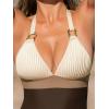 CUPSHE Women’s One Piece Swimsuit V Neck Bathing Suit Halter Straps Adjustable Self Tie Swimwear Backless Textured(Beige/Brown)