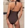 CUPSHE Women’s One Piece Swimsuit V Neck Bathing Suit Halter Straps Adjustable Self Tie Swimwear Backless Textured(Brown)