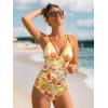 CUPSHE Women’s One Piece Swimsuit V Neck Crisscross Back Cut Out Self Tie Color Block Ruched Bathing Suit(Yellow Orange Floral)