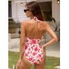 CUPSHE Women’s One Piece Swimsuit V Neck Halter Straps Ruched Tummy Back Tie Adjustable Straps Shell Stitch(Beige/Pink Floral)