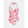CUPSHE Women’s One Piece Swimsuit V Neck Halter Straps Ruched Tummy Back Tie Adjustable Straps Shell Stitch(Beige/Pink Floral)