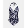 CUPSHE Women’s One Piece Swimsuit V Neck Halter Straps Ruched Tummy Back Tie Adjustable Straps Shell Stitch(Navy/White Tropical)