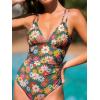 CUPSHE Women’s One Piece Swimsuit V Neck Tummy Control Double Adjustable Straps Back Cutout O-Ring(Green/Red Floral)