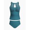 CUPSHE Women’s Tankini Sets High Neck Mesh Cutouts Two Piece Bathing Suits Adjustable Straps Mid Rise Swimwear(Dark Teal)